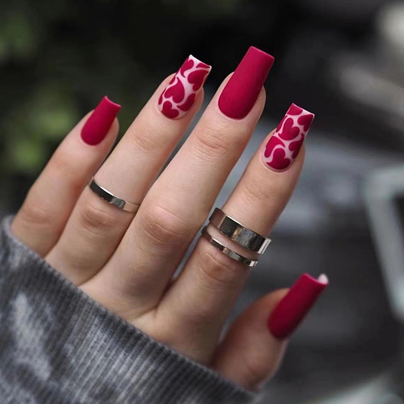 Frosted Red Heart Press On Nails