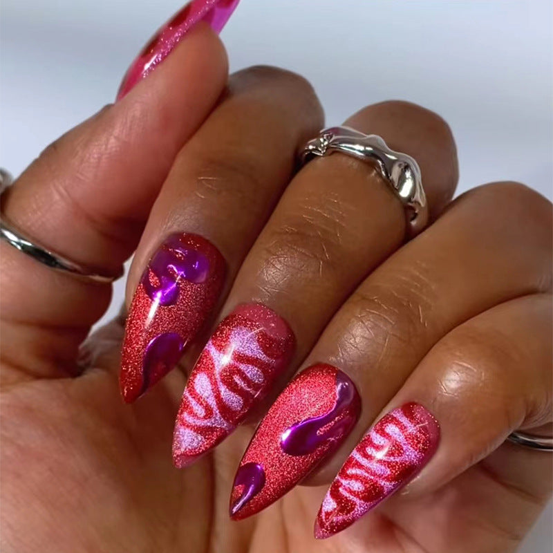 Red Wavy Cat Eye Press On Nails