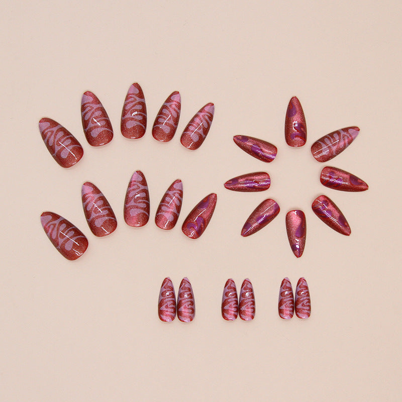 Red Wavy Cat Eye Press On Nails