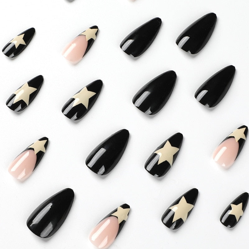 Black Almond Nails Star Pattern Press On Nails