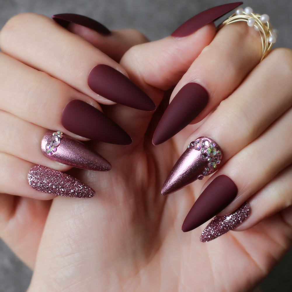 Purple Glitter Solid Nails Long Stiletto Fake Nails