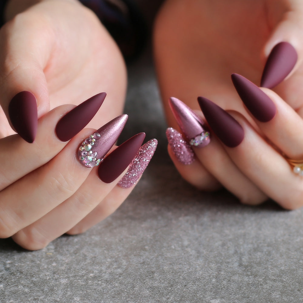 Purple Glitter Solid Nails Long Stiletto Fake Nails