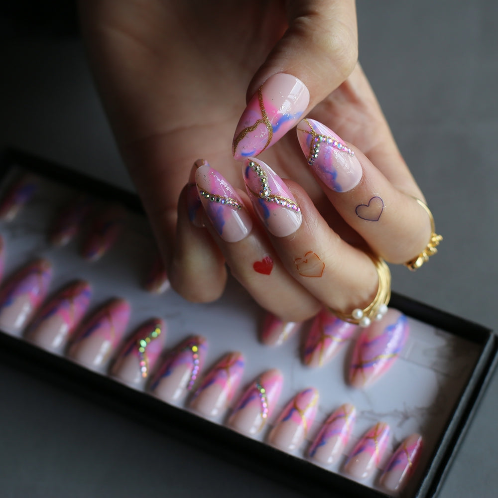 Pink Ombre Fake Nails Glitter Crystal Nails