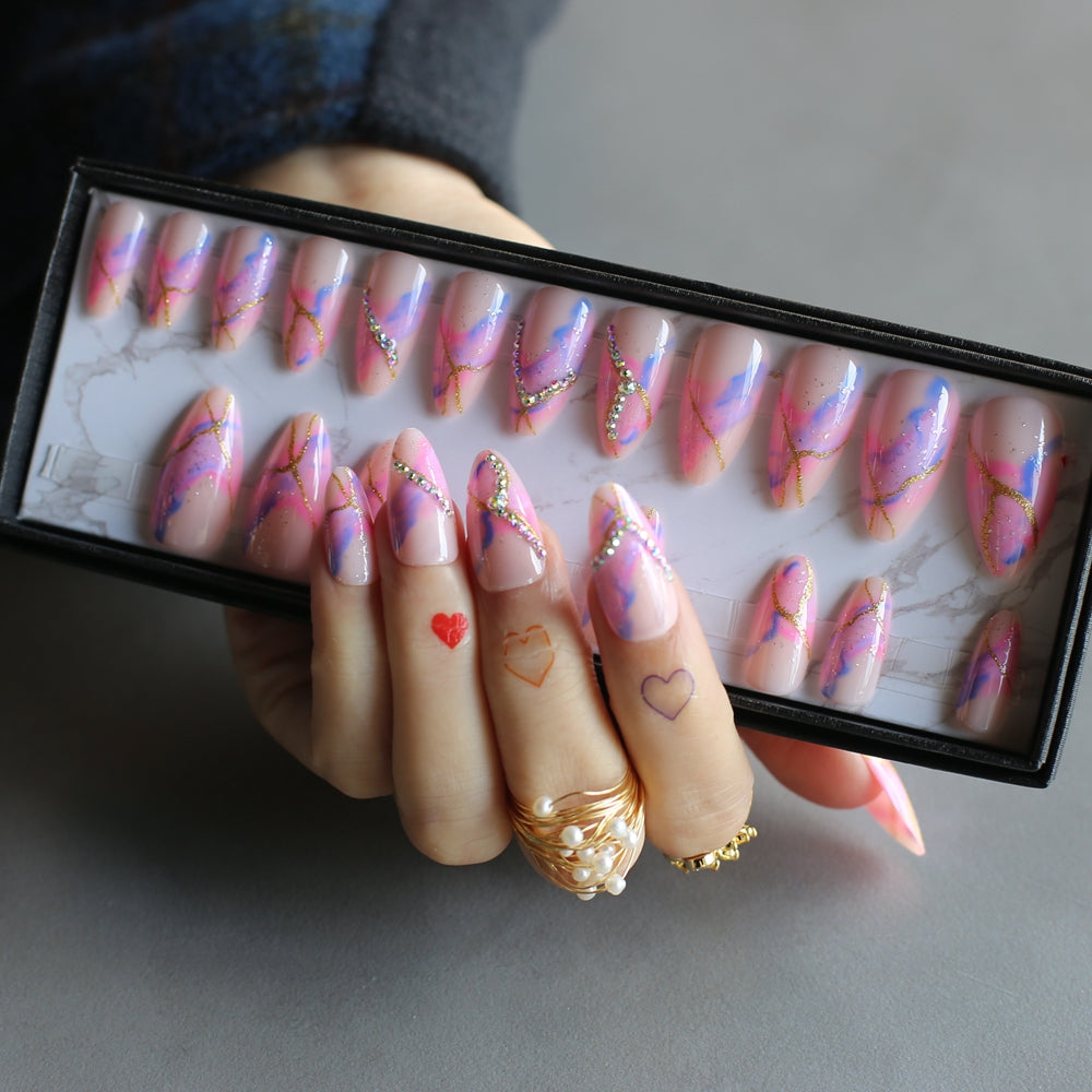Pink Ombre Fake Nails Glitter Crystal Nails