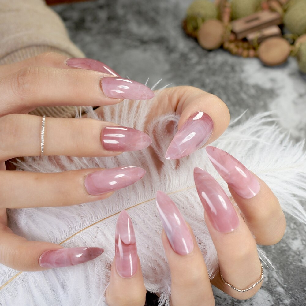 Pink Marble Extra Long Stiletto Fake Nails