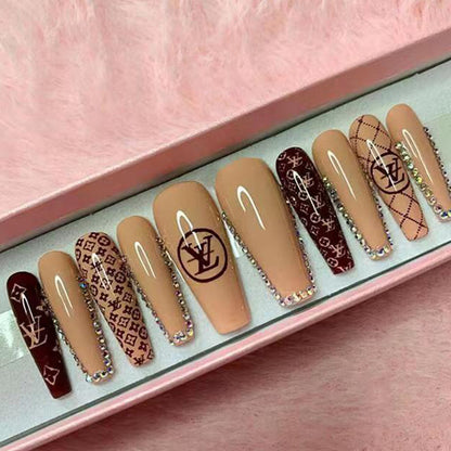 Long Coffin Nail Luxury Diamond LV Press-on Nails