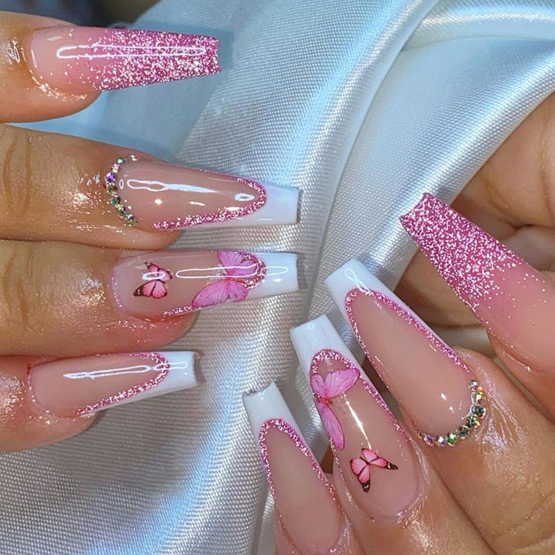 French Nails Bling Butterfly Nails Press-on Nails