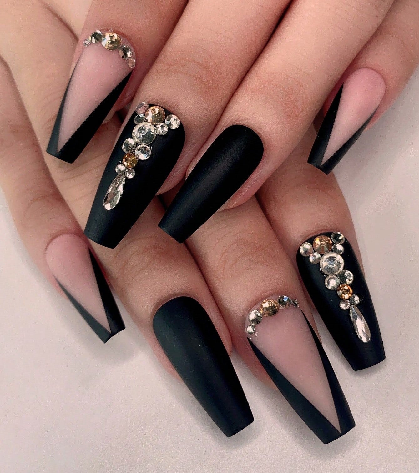 Black Nails Long Coffin Nails Diamond Press On Nails