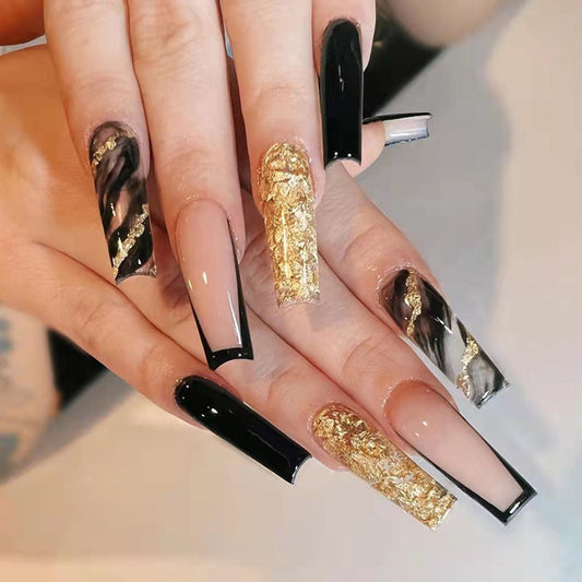 Shiny Black and Gold French Press On Nails