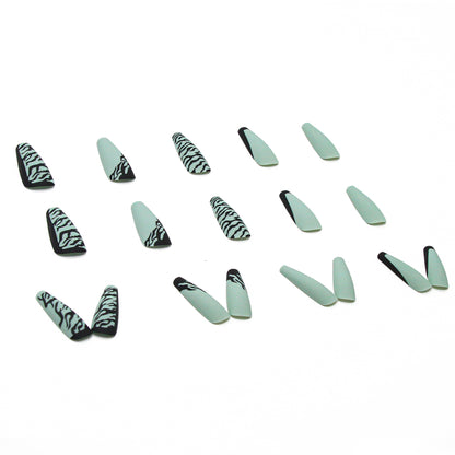 Matte Light Green Black Ripple Press On Nails