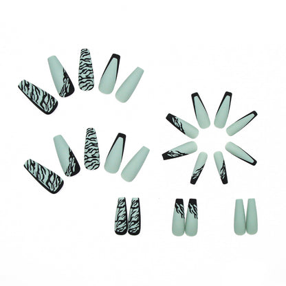 Matte Light Green Black Ripple Press On Nails