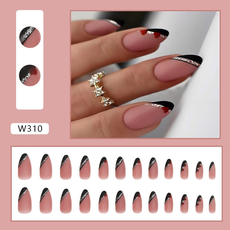 Almomd French Nails with Diamond Heart Nude Black Press On Nails