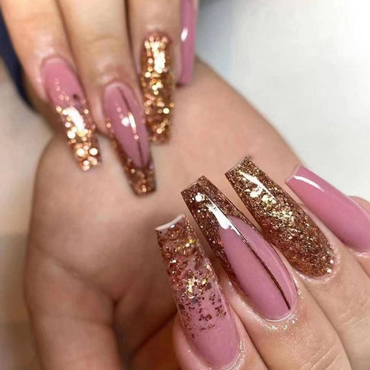 Long Coffin Nails Gold Sequins Press On Nails