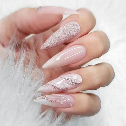 Long Stiletto Nails Nude Nails Striped Press On Nails