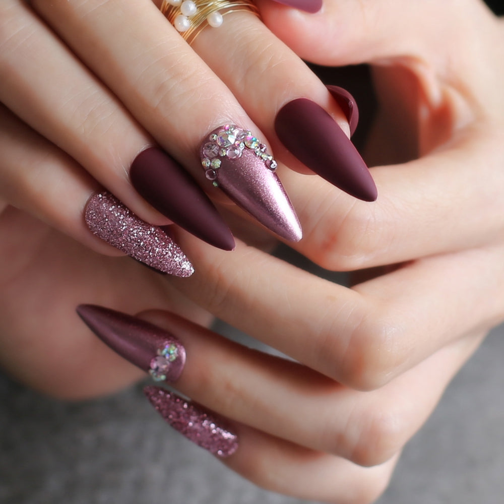 Purple Glitter Solid Nails Long Stiletto Fake Nails