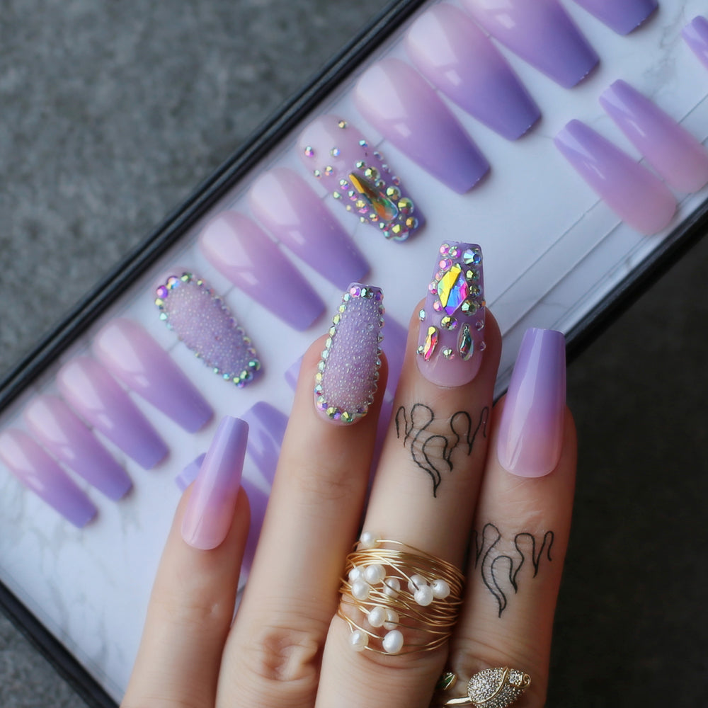 Purple Ombre Nails Long Coffin Fake Nails with Crystal