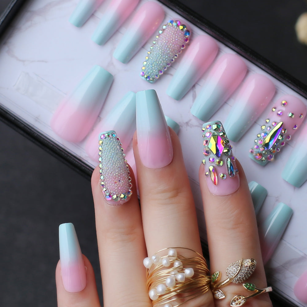 Blue Pink Ombre Fake Nails with Crystal Design