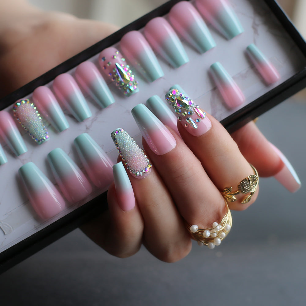 Blue Pink Ombre Fake Nails with Crystal Design