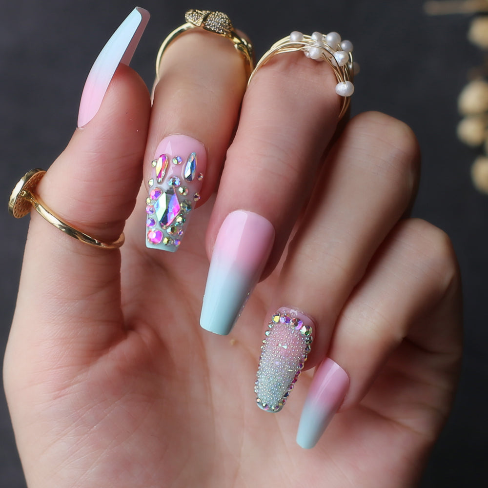 Blue Pink Ombre Fake Nails with Crystal Design