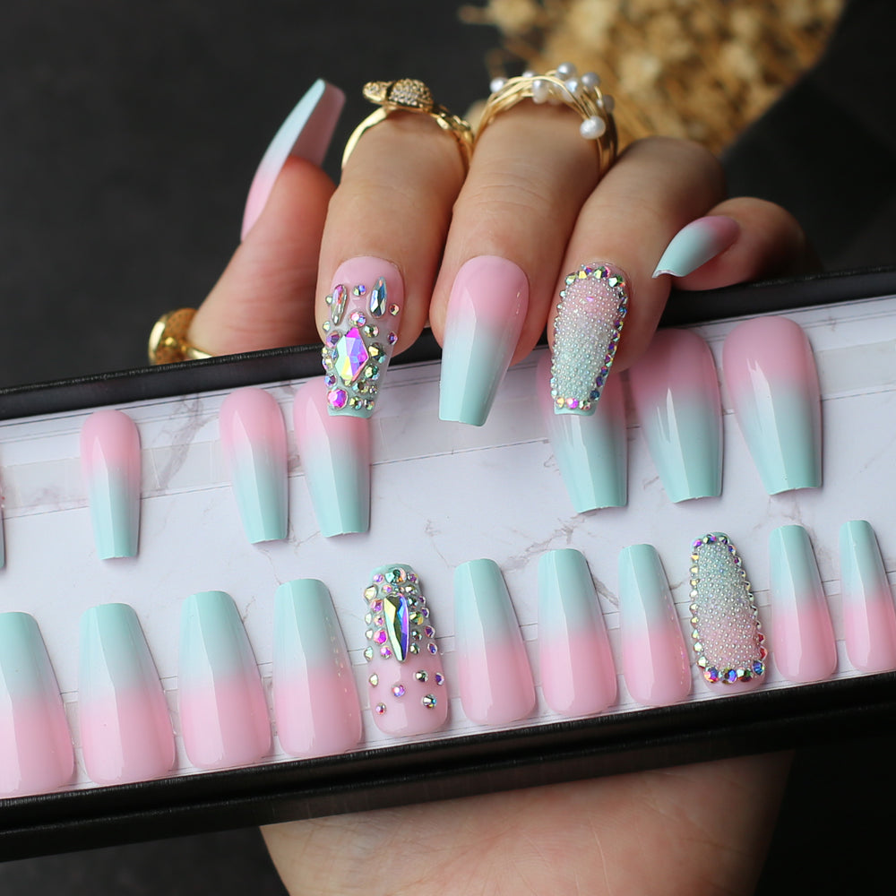 Blue Pink Ombre Fake Nails with Crystal Design
