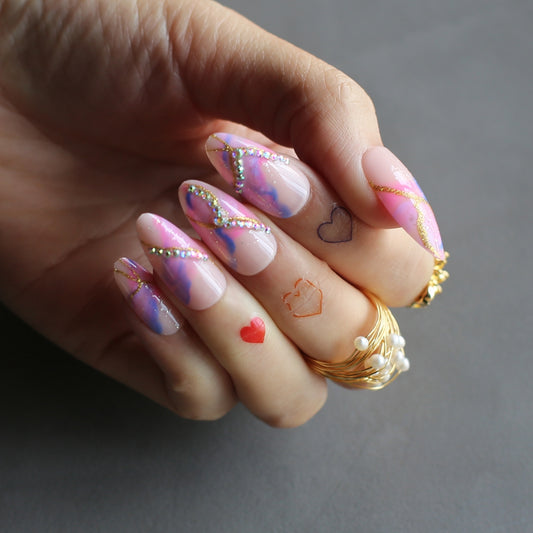 Pink Ombre Fake Nails Glitter Crystal Nails