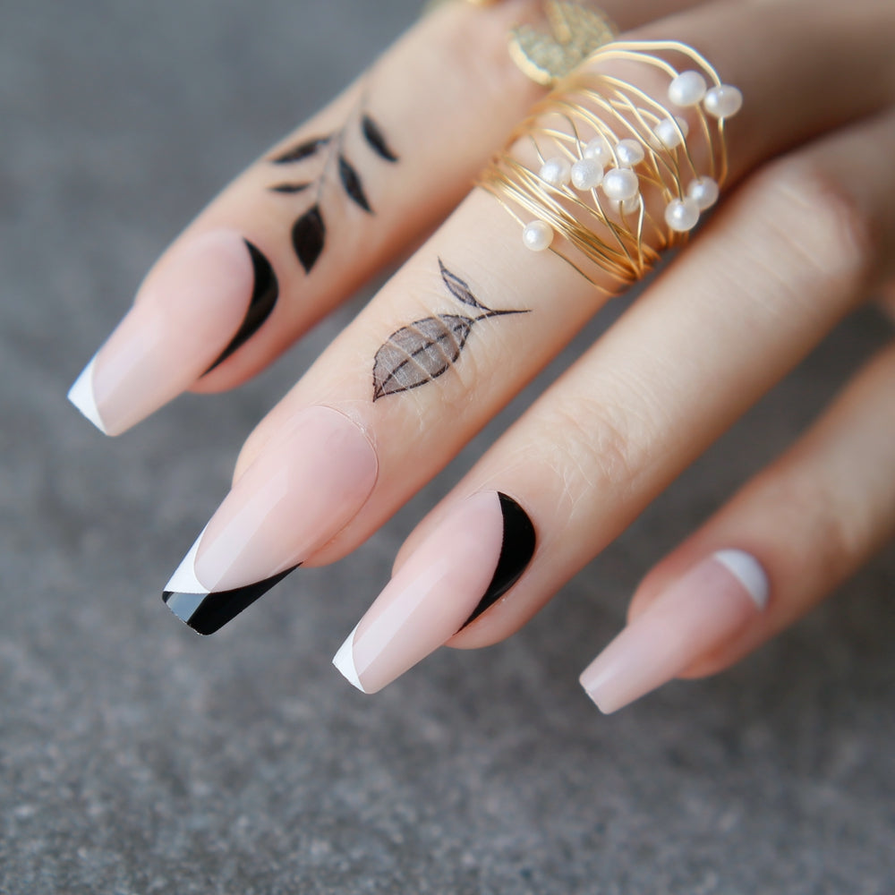 Nude Black French Fake Nails Long Coffin Nails