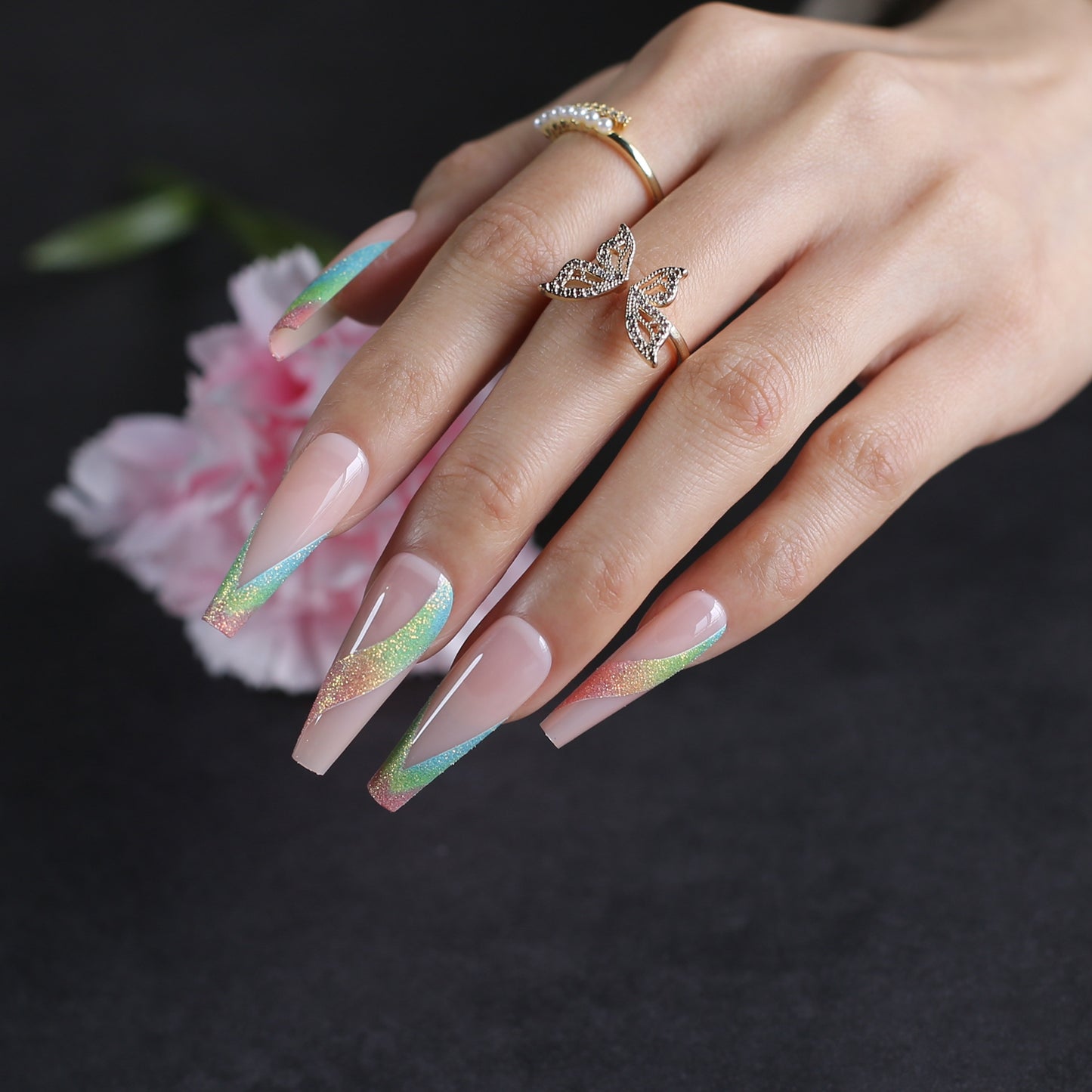 Rainbow French Nails Glitter Coffin Fake Nails