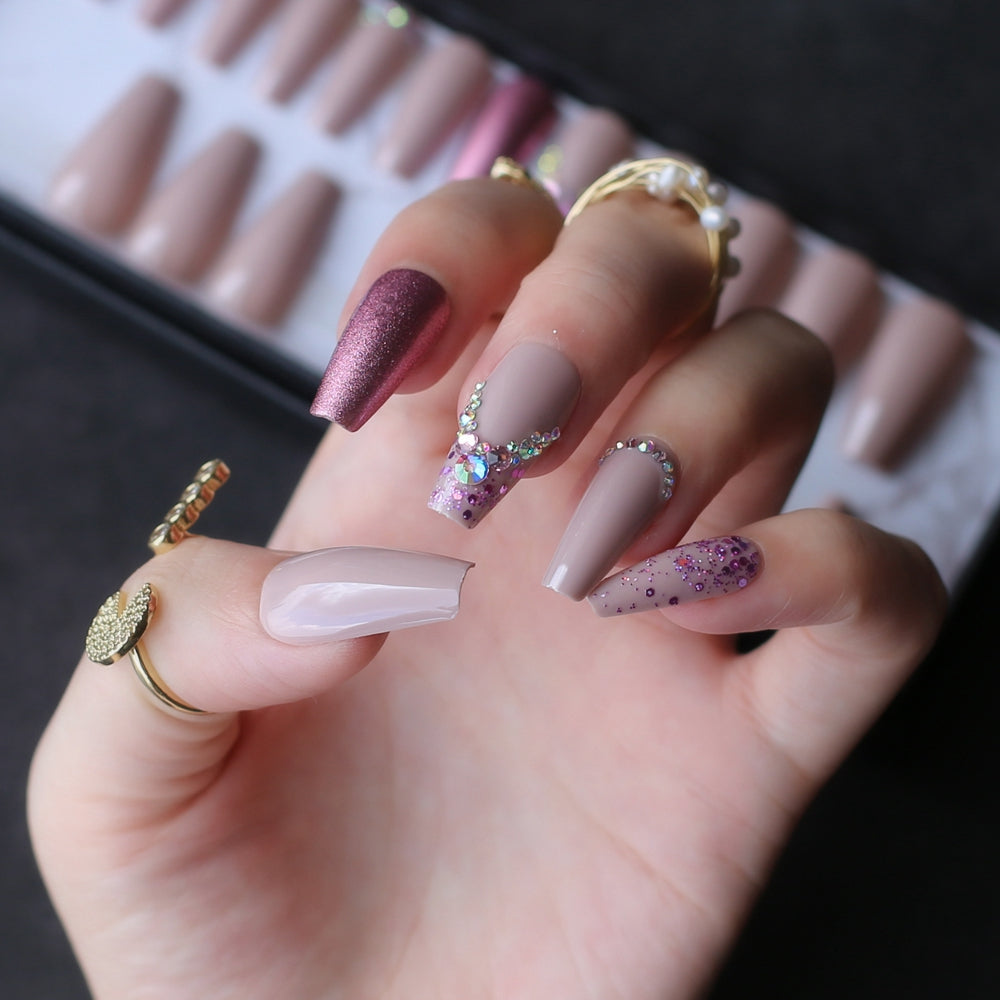 Nude Glitter Fake Nails Crystal Long Coffin Nails