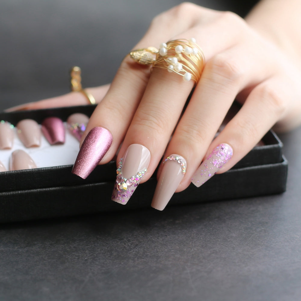 Nude Glitter Fake Nails Crystal Long Coffin Nails