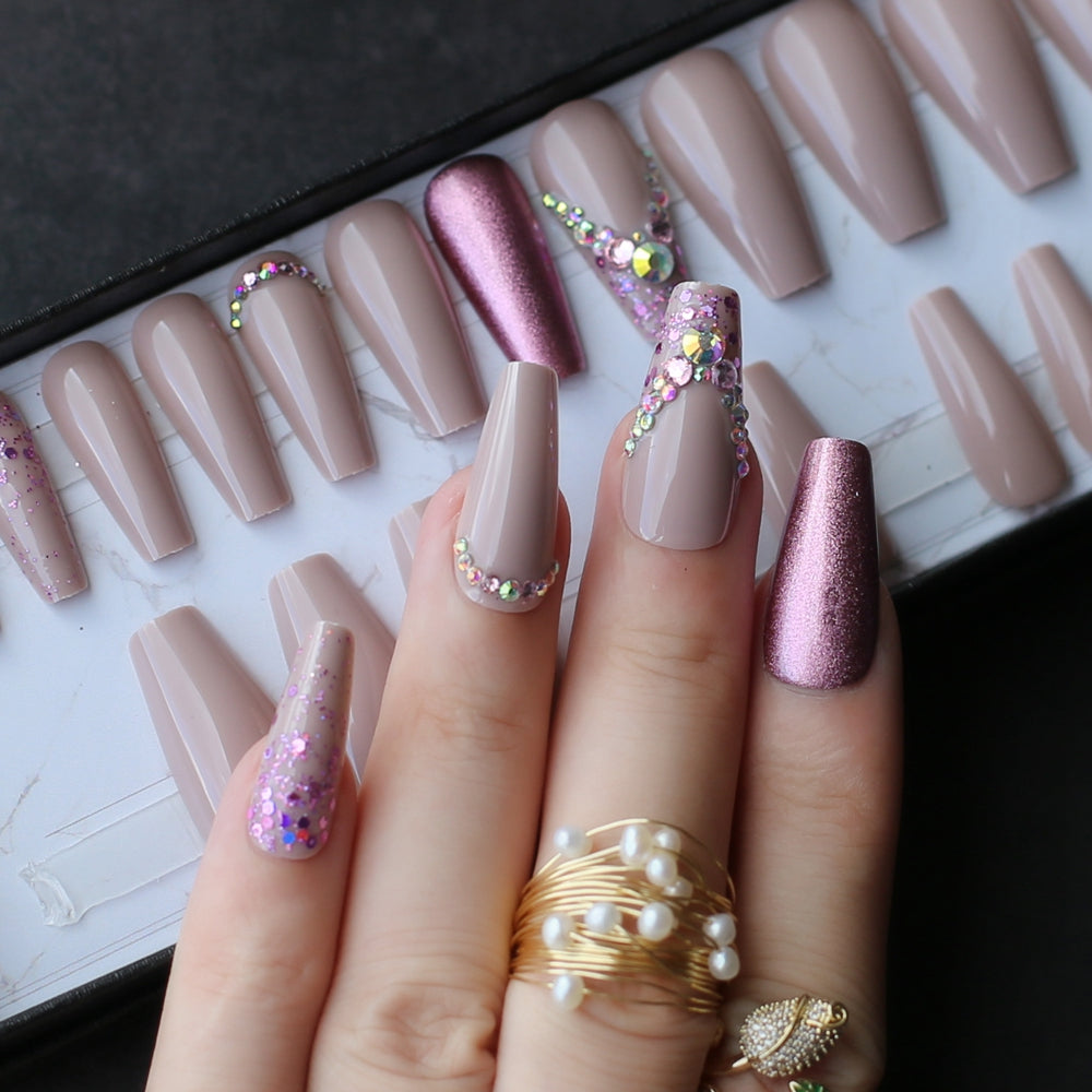 Nude Glitter Fake Nails Crystal Long Coffin Nails