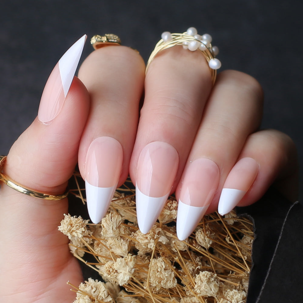 French Nails Long Stiletto Nails Nude Press On Nails