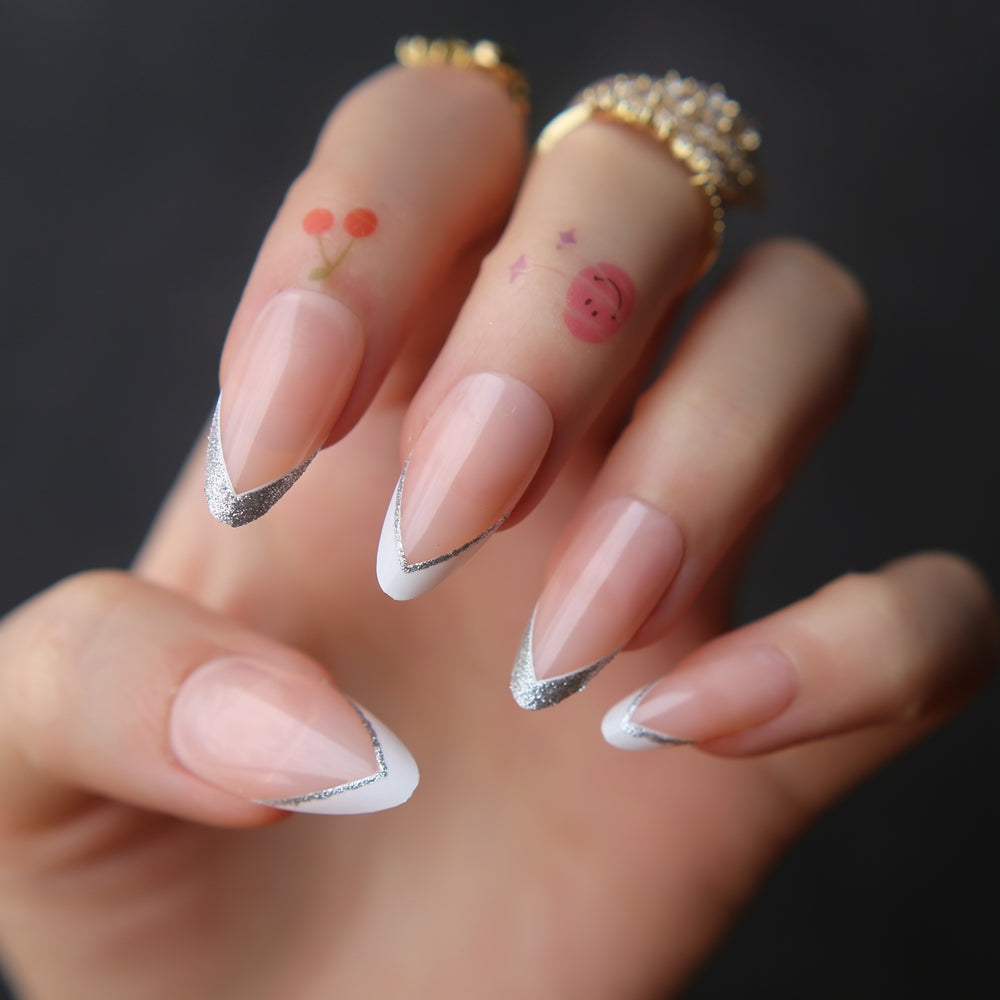 Glitter V French Nails Classic Almond Fake Nails