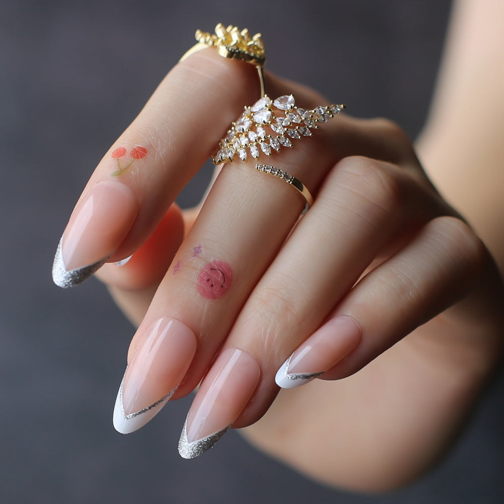 Glitter V French Nails Classic Almond Fake Nails
