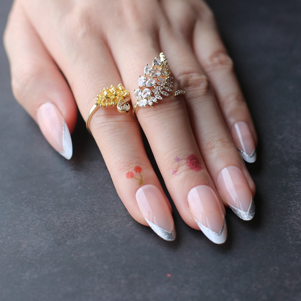 Glitter V French Nails Classic Almond Fake Nails