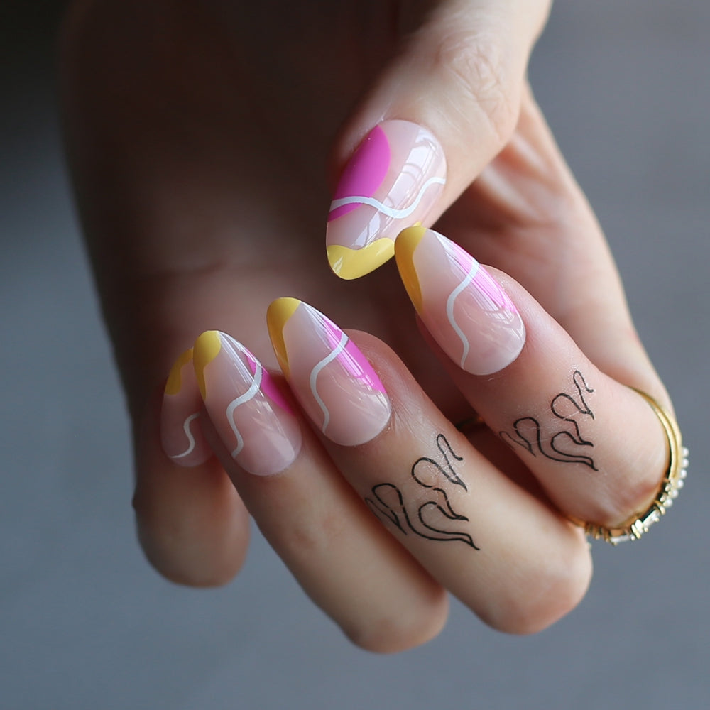 Almon Nails Summer Nais Yellow and Pink Press-on Nails