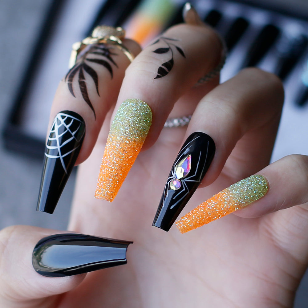 Black Halloween Nails coffin Nials with Crystal Spider